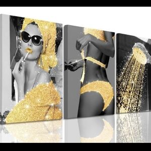Set of 3 Canvas Wall Art Bathroom Women Yellow 20 x 30